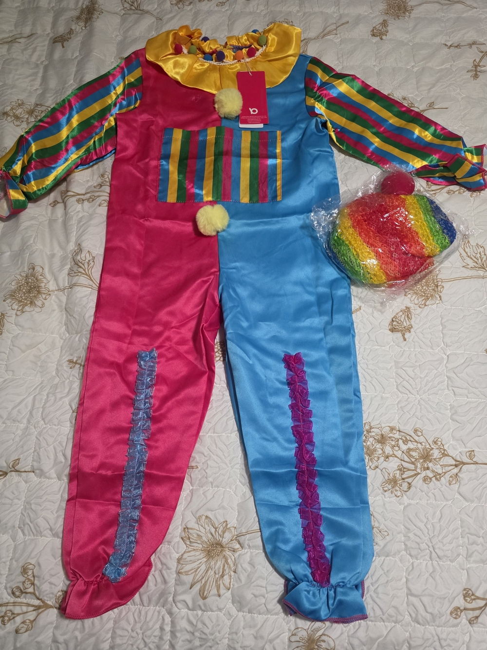 Kids Rainbow Clown Costume - Bright Pink & Blue Jumpsuit